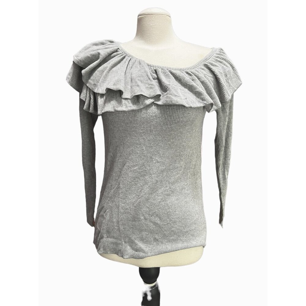 Chaser Open Shoulder Ruffle Collar Ribbed Soft Knit Sweater Sz Medium Womens Gre
